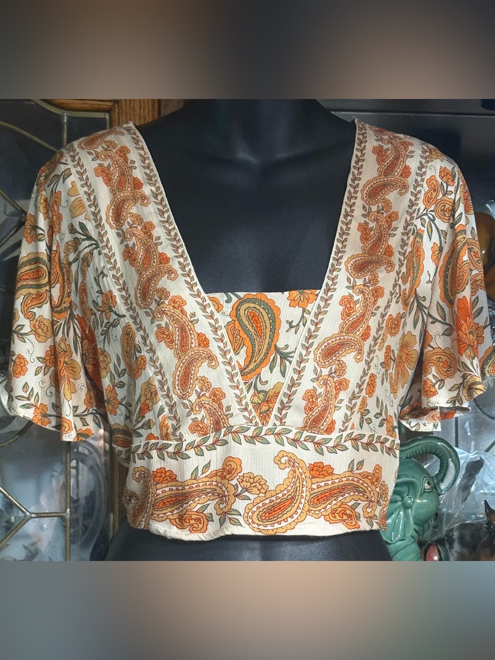 Bila of California orange and cream paisley crop top xs